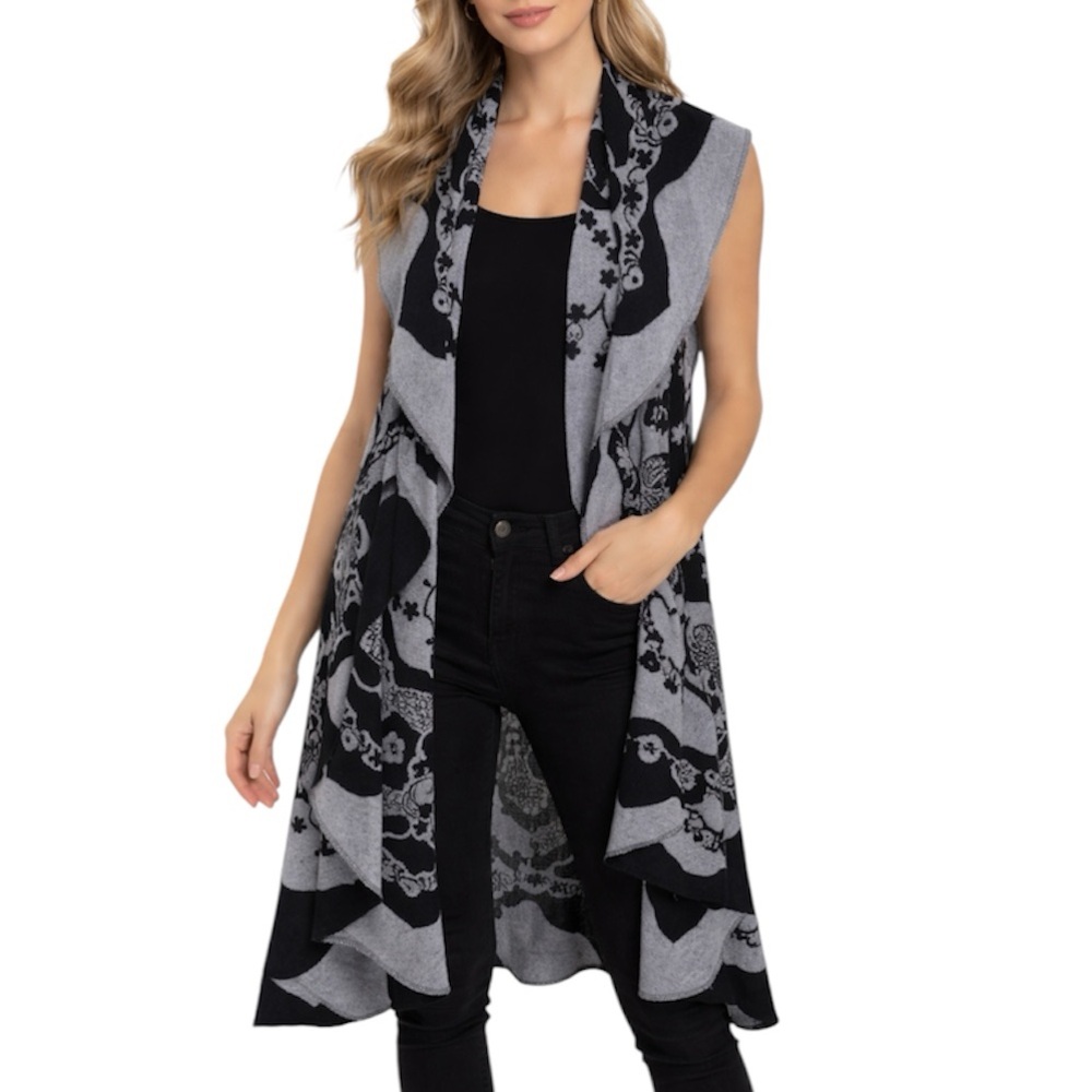 Sleeveless Draped Open-Front Floral Pattern Vest - Black/Grey